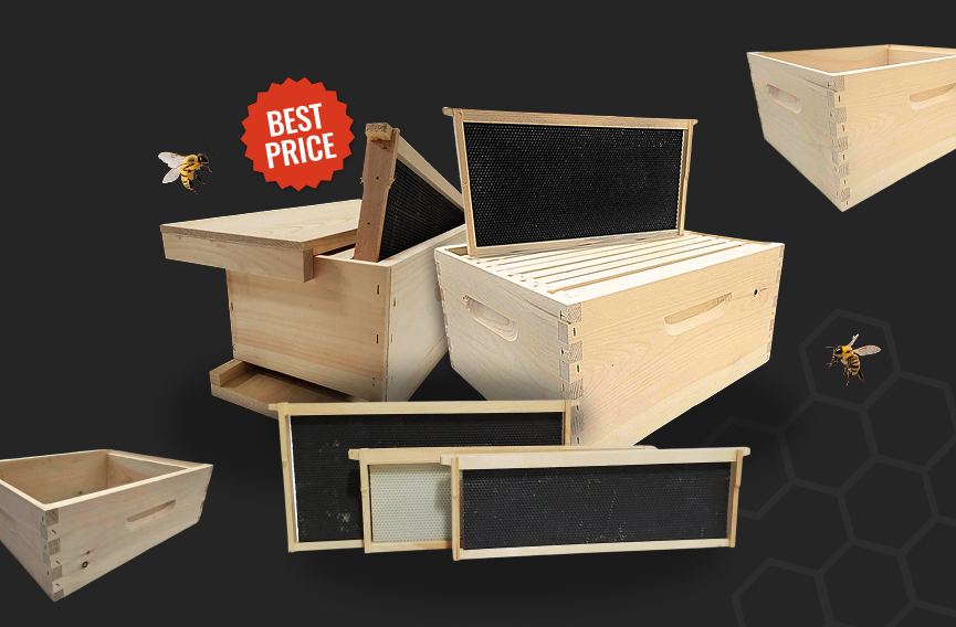 Wooden bee hive boxes with a 'Best Price' label on a dark background