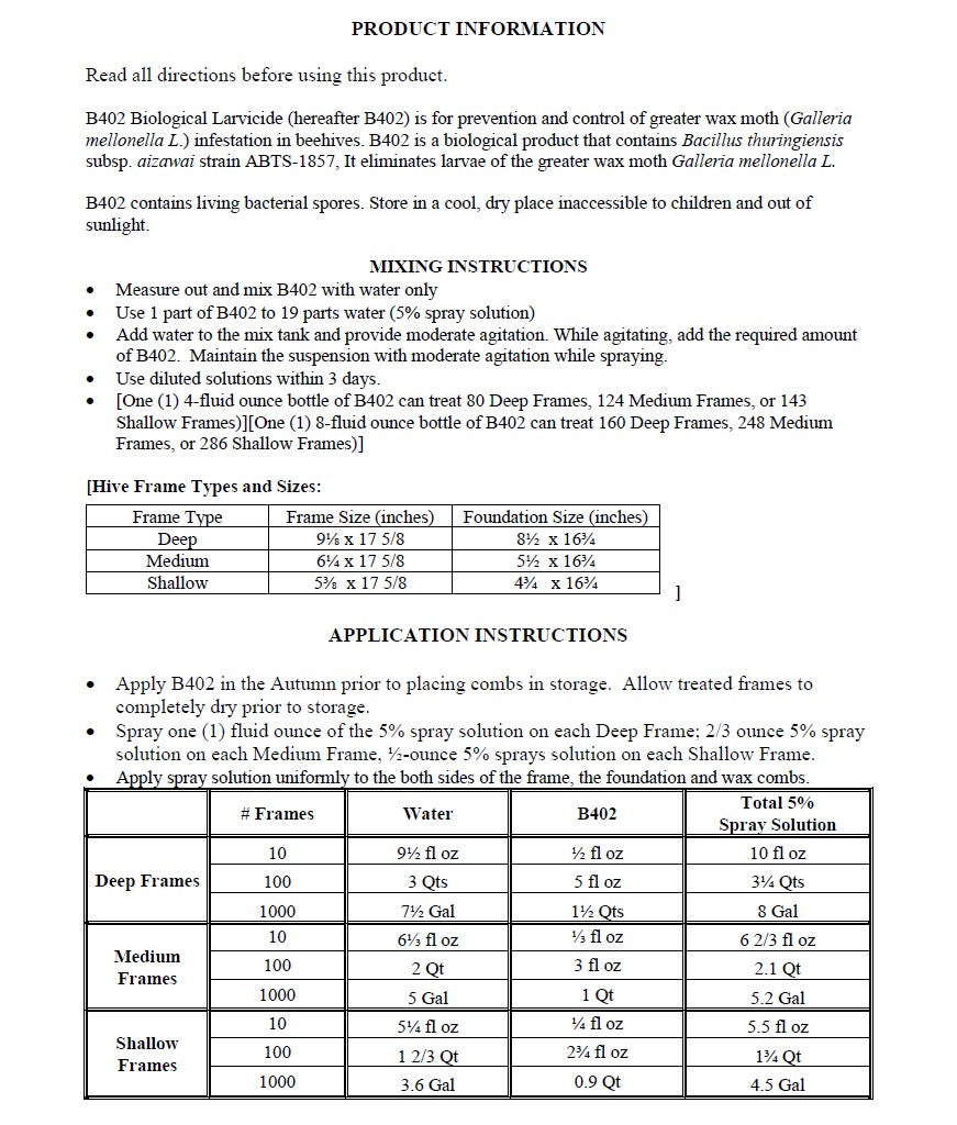 Certan B402 Wax Moth Larvicide