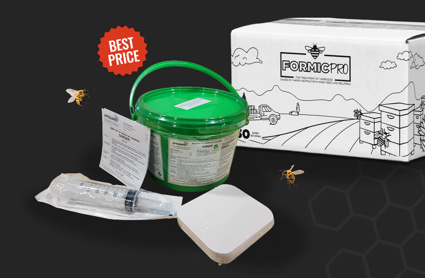 Hive maintenance kit with green bucket, syringe, and box labeled 'Formic' on a black background.